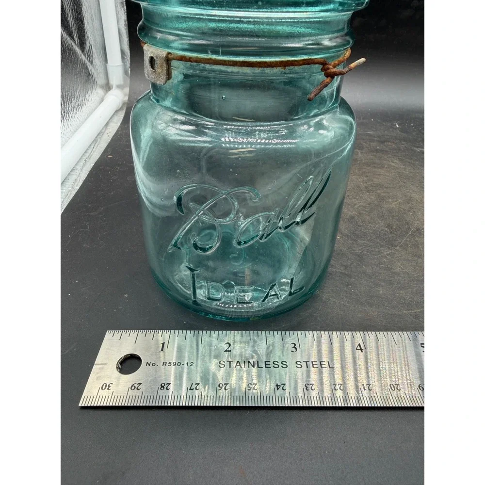 Vintage Ball Ideal Aqua Blue Glass Mason Jar with Wire Bail Patina Antique